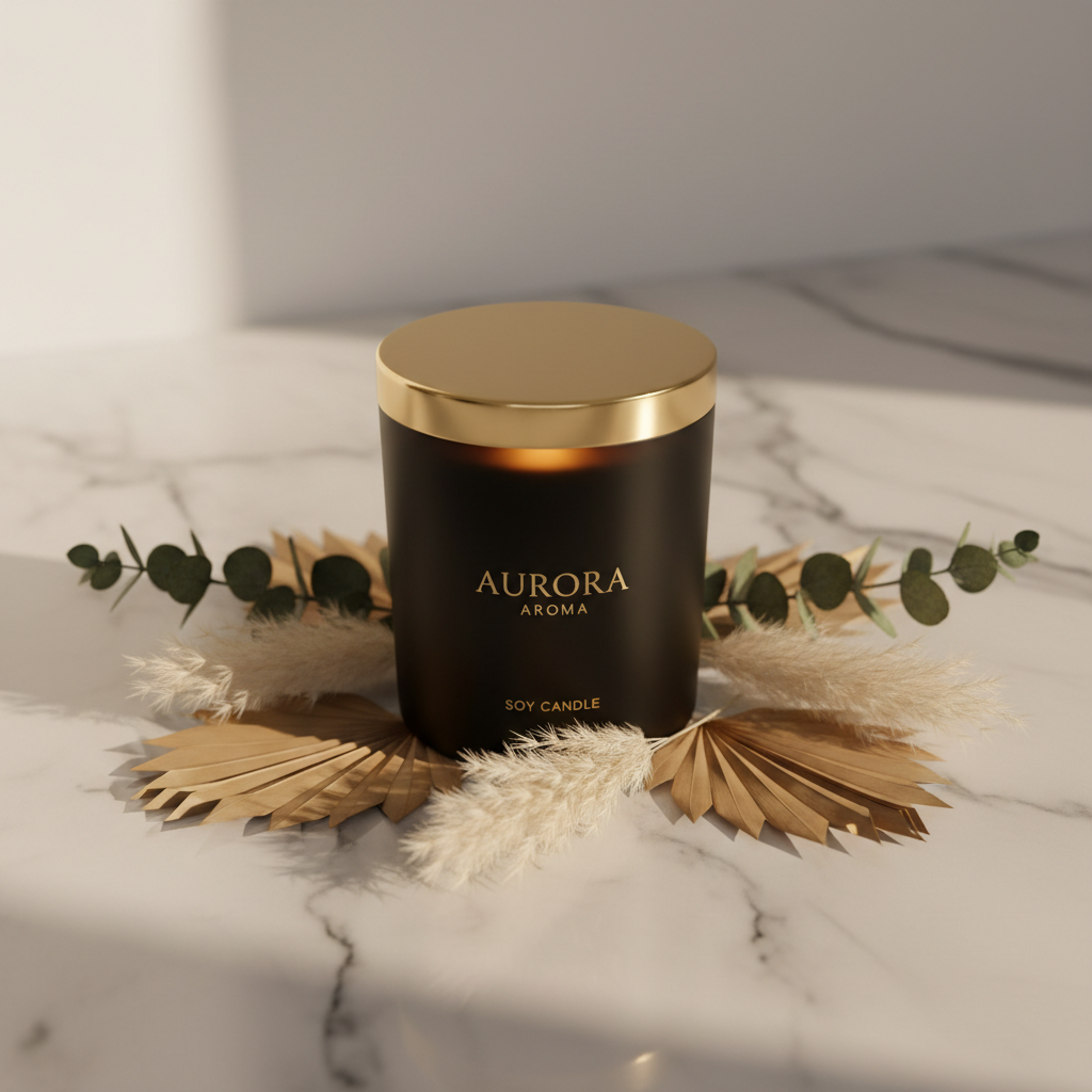 Luxury matte black soy candle on marble surface