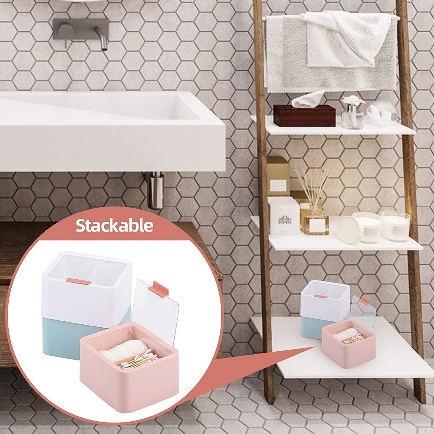 Qtips Storage Organizer - 2 Grids Separate Cotton Swabs Dispenser Qtips Holder Bathroom Canisters with Hinged Lids for Cotton Balls, Pads, Pink